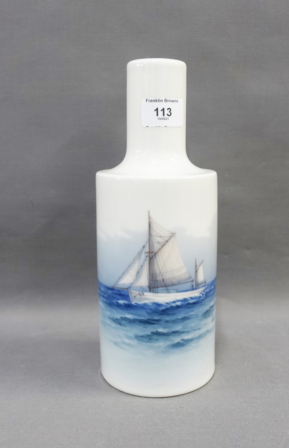 Royal Copenhagen porcelain table lamp base with a Sailing boat pattern and white ground, printed