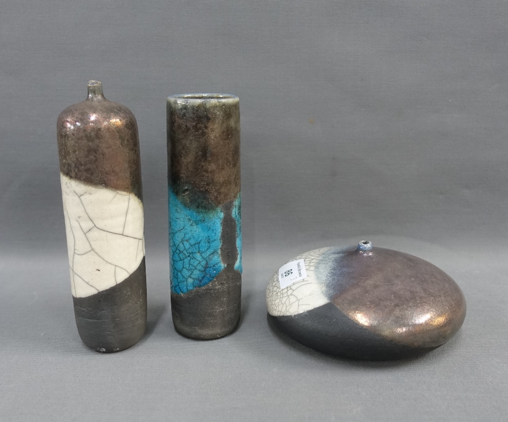 Collection of studio pottery to include two cylindrical vases and another of flattened form, incised - Image 2 of 4