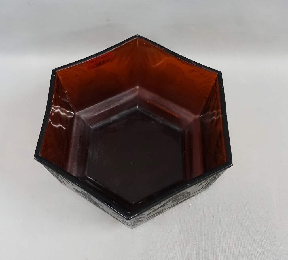 Hexagonal glass bowl with Kingfisher pattern, Registration No.810280, 25cm wide - Image 2 of 4