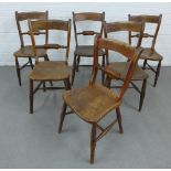 Set of six elm chairs with curved top rail and horizontal splat, solid seats and turned legs, 88 x