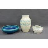 Gladys Rogers for Pilkingtons Royal Lancastrian, baluster vase and bowl with blue swirl pattern,