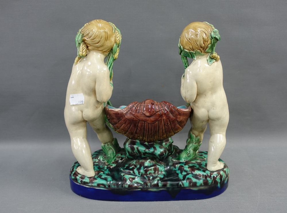 19th century Minton Majolica comport with two putti representing the Seasons, date code for 1865, - Image 2 of 5