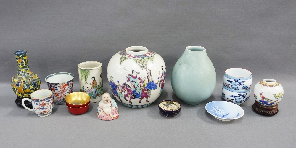 Mixed lot of Chinese and Japanese pottery and porcelain to include vases, Satsuma dish, Buddha and