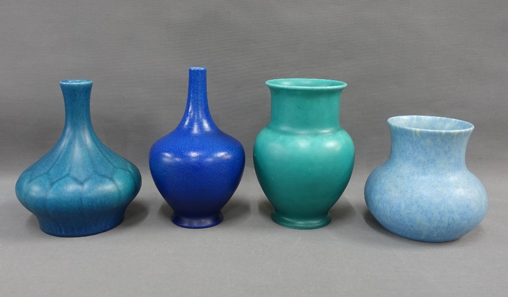 A collection of Pilkingtons Royal Lancastrian blue and green glazed pottery to include four vases of