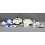 Mixed lot to include various preserve pots, cruet set, butter dish, blue and white cups and saucers,