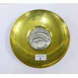 Greek brass and silver dish, the centre with dolphin pattern, stamped Lalaounis, 900, 20cm diameter