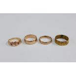 9ct gold ruby set ring, two 9ct gold wedding bands and a yellow metal ring (4)