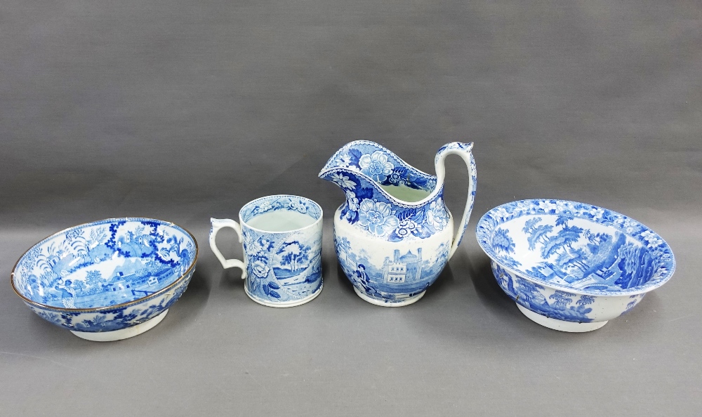 Collection of Staffordshire blue and white pottery to include a jug, tankard and two bowls, (with