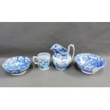 Collection of Staffordshire blue and white pottery to include a jug, tankard and two bowls, (with