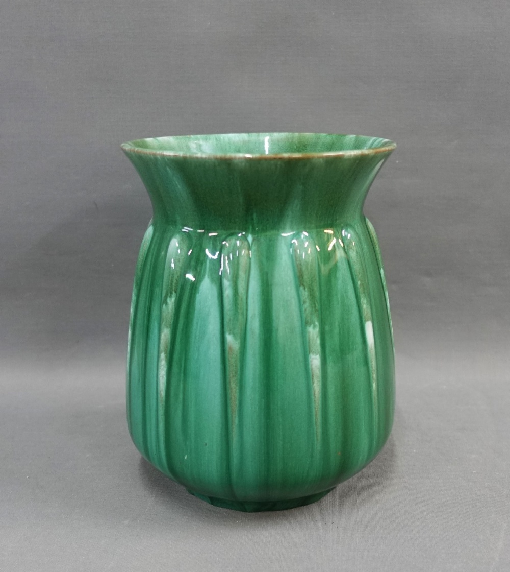 Pilkingtons Royal Lancastrian vase with a green streaked glaze and flared rim, impressed factory