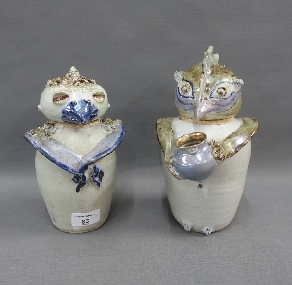 Francis (Fanny) Baird Lichtfeld pair of studio pottery owl jugs, with detachable covers, signed,