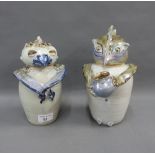 Francis (Fanny) Baird Lichtfeld pair of studio pottery owl jugs, with detachable covers, signed,