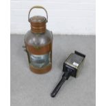 Vintage copper and brass lantern light together with a carriage lamp, largest 42 x 13cm (2)