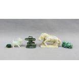 Collection of green hardstone and jadeite carvings to include a horse, camel and bear, etc,