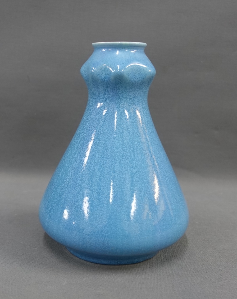 Pilkingtons Royal Lancastrian, pale blue glazed garlic mouth vase, impressed factory backstamps,