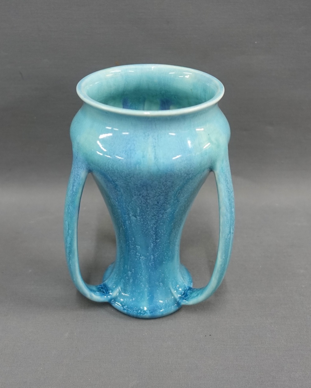 Pilkingtons Royal Lancastrian blue glazed vase, with three Art Nouveau looping handles, 18cm high - Image 2 of 3