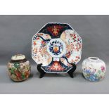Octagonal Imari dish / charger, 29cm, together with a Chinese ginger jar and over with warrior