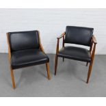 Mid century open armchair with sloping black vinyl back and seat, together with a chair of similar