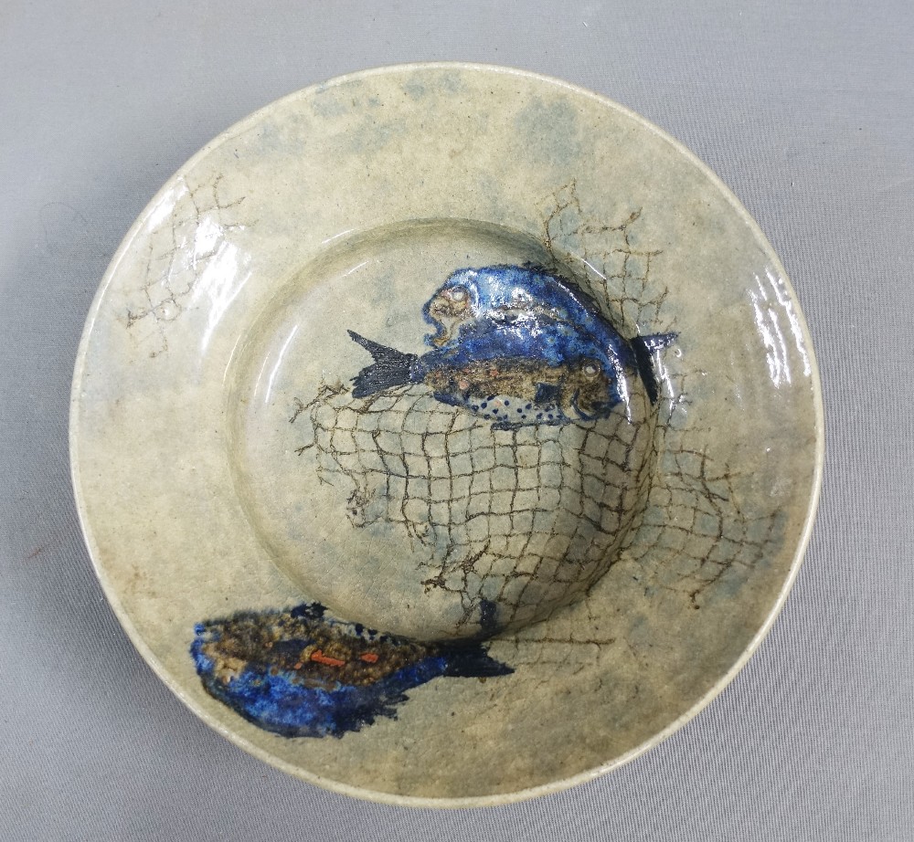 Francis Baird Lichfeld studio pottery bowl with fish and net pattern, 30cm diameter, together with a - Image 2 of 4