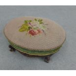 Mahogany footstool with floral tapestry top and foliate carved frame, 38 x 30cm