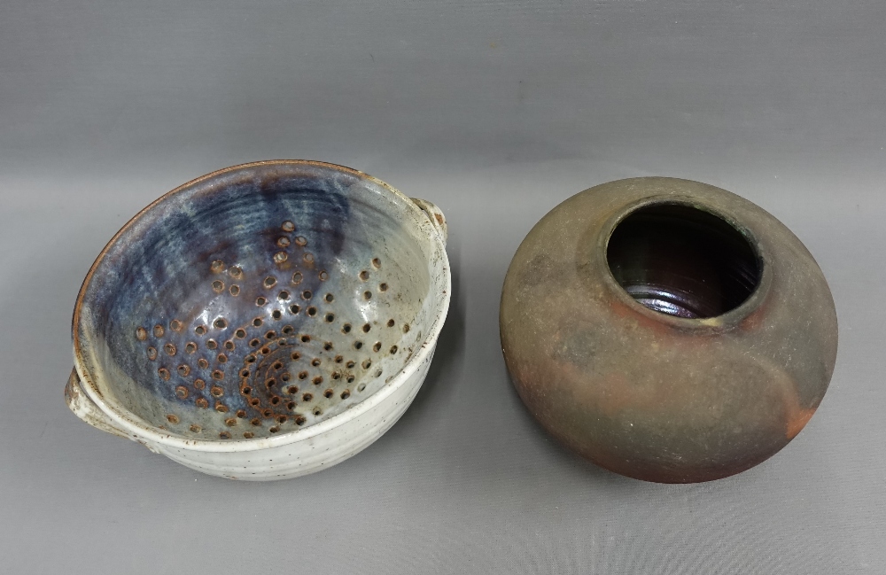 Lead fired earthenware pot and a studio pottery colander type bowl, (2) - Image 2 of 4