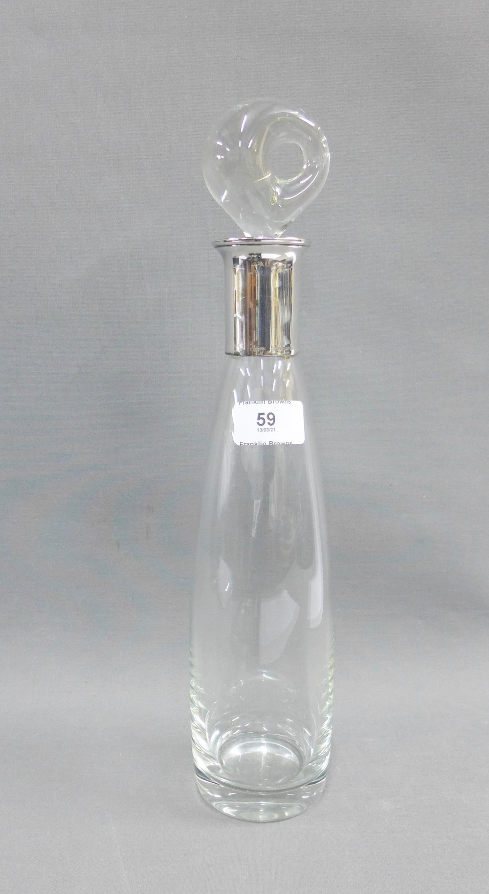 Danish clear glass decanter and stopper of Modernist form, with a Sterling silver collar by E.