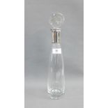 Danish clear glass decanter and stopper of Modernist form, with a Sterling silver collar by E.
