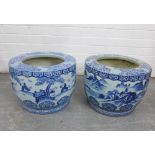 Two large Chinese blue and white pottery fish bowl / planters, 30 x 40cm (2)