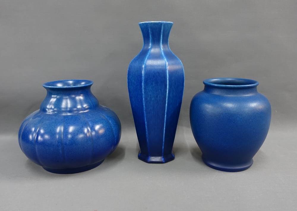 A collection of Pilkingtons Royal Lancastrian blue glazed pottery to include an octagonal vase and