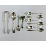 Victorian Scottish silver sugar tongs, Edinburgh 1847, silver teaspoon, Epns teaspoons and an Epns