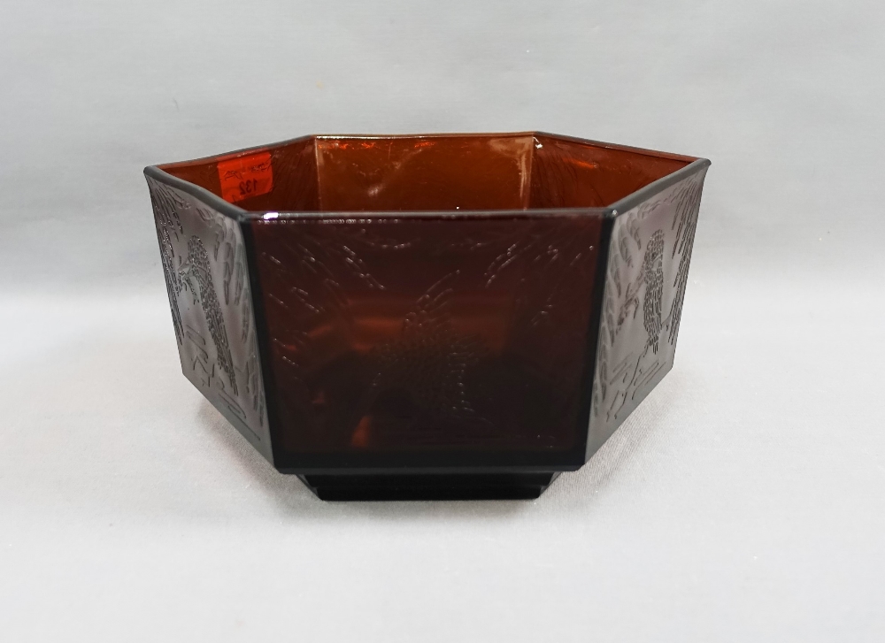 Hexagonal glass bowl with Kingfisher pattern, Registration No.810280, 25cm wide