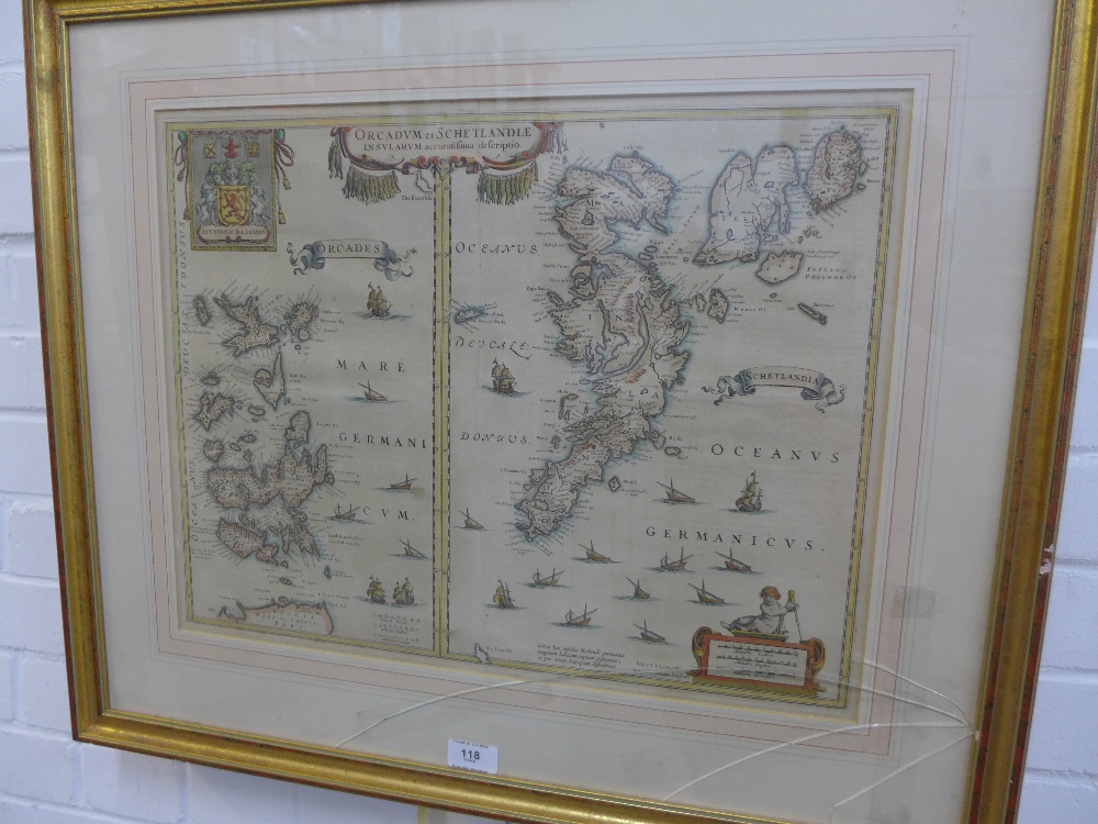 After Johannes Janson, Orkney & Shetland (Orcadvm et Schetlandiae) coloured map, in a glazed