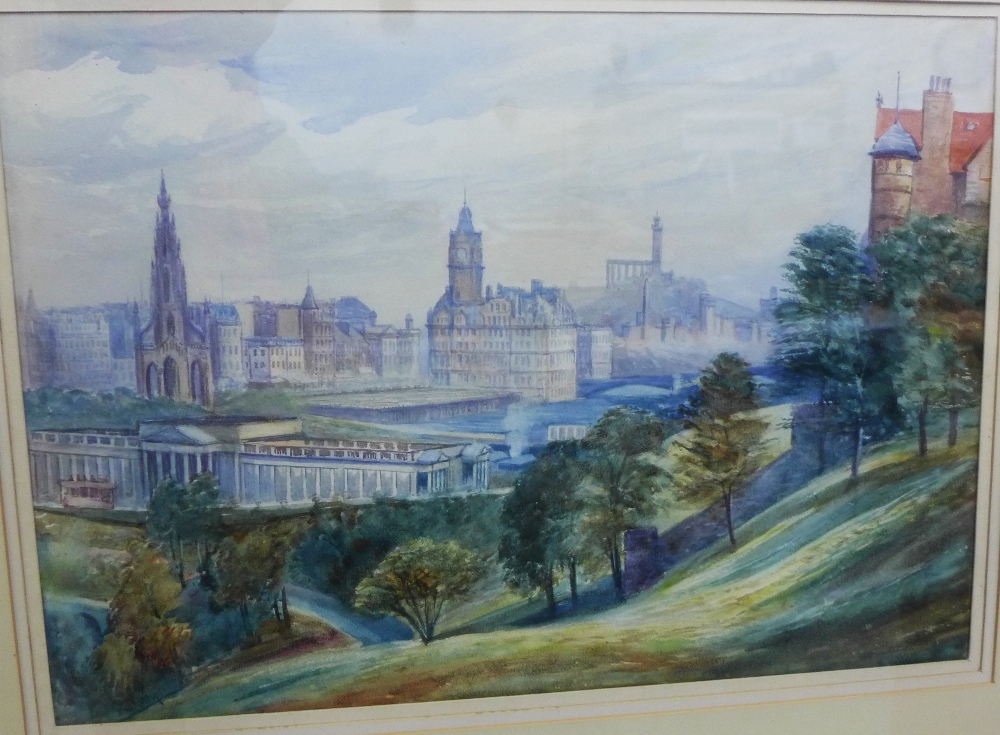 Attributed to J. Lawton Wingate, 'Edinburgh', watercolour, signed and framed under glass, 46 x 32cm