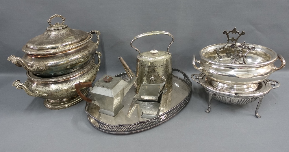 Quantity of Epns wares to include tureens, gallery tray, spirit kettle a pewter teaset, etc (a lot)