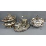 Quantity of Epns wares to include tureens, gallery tray, spirit kettle a pewter teaset, etc (a lot)