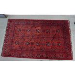 Eastern rug, red field with two rows of five flowerheads, multiple borders, 280 x 170cm