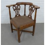 Corner chair with pierced vertical splats and upholstered seat, (top rail a/f) 78 x 74cm