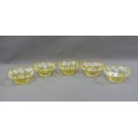 Set of five yellow glass bowls with etched fruit and vine pattern, 12cm wide, (5)