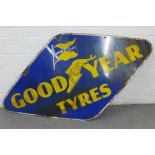 Vintage Good Year Tyres blue and yellow enamel sign, 78 x 148cm