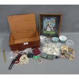 Pine box containing costume jewellery, miscellaneous buttons, Wade Whimsies, etc (a lot)