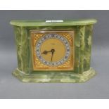 Green hardstone mantle clock, the dial with silvered chapter ring and Roman numerals, 22 x 14cm