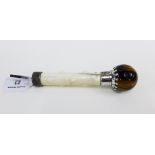 Victorian ivory and tigers eye walking cane / parasol handle, with silver collar, London 1888,