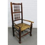 Lancashire style armchair with spindle back and woven seat, 100 x 52cm