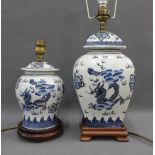 Two Chinese style blue and white table lamp bases, tallest 35cm (2)