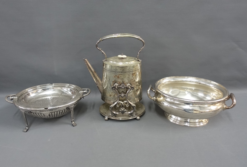 Quantity of Epns wares to include tureens, gallery tray, spirit kettle a pewter teaset, etc (a lot) - Image 4 of 4