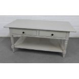 Grey painted coffee table with two drawers and an undertier, 48 x 106cm