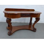 Victorian mahogany console table with a serpentine top on acanthus scrolled supports, with an