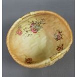 Royal Worcester blush ivory bowl, with basket weave effect and handles to side, painted with