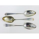 Three Scottish provincial silver Old English pattern table spoons, with pointed ends, by John Heron,