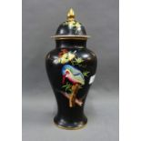 Cetem Ware black glazed Temple Vase and cover painted with a Kingfisher pattern, 32cm high